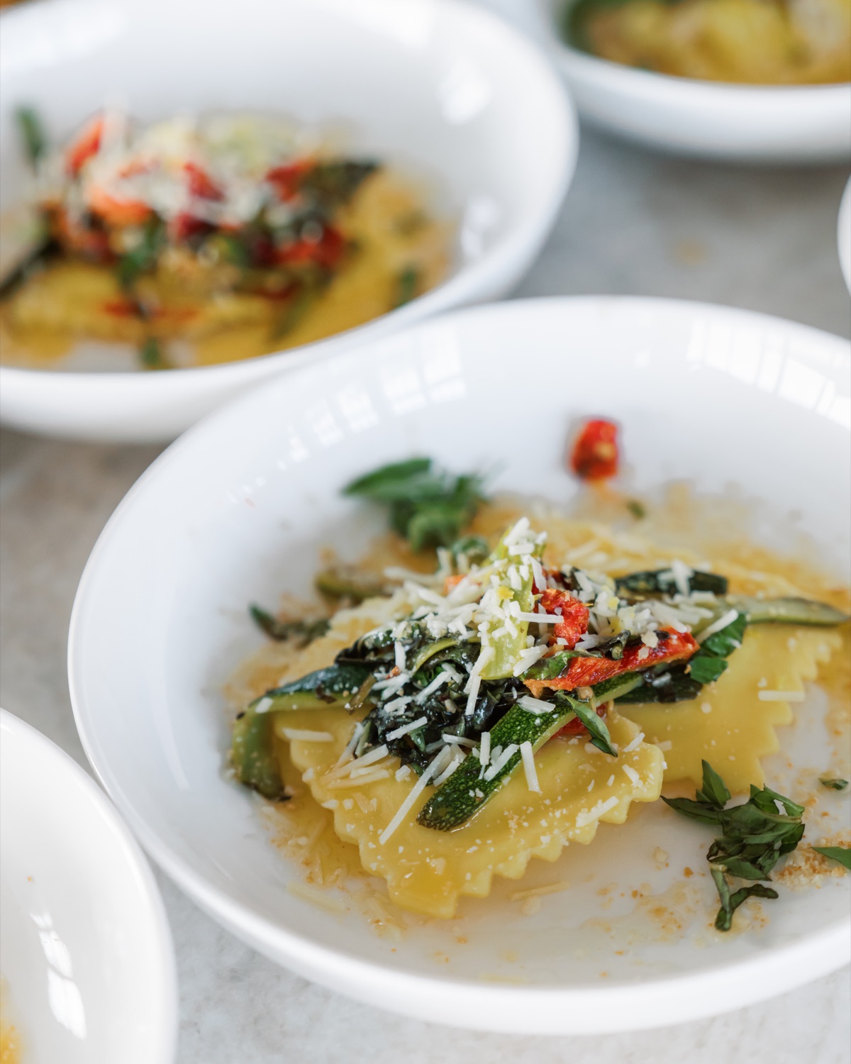 A plated ravioli course from the retreat private chef dinner